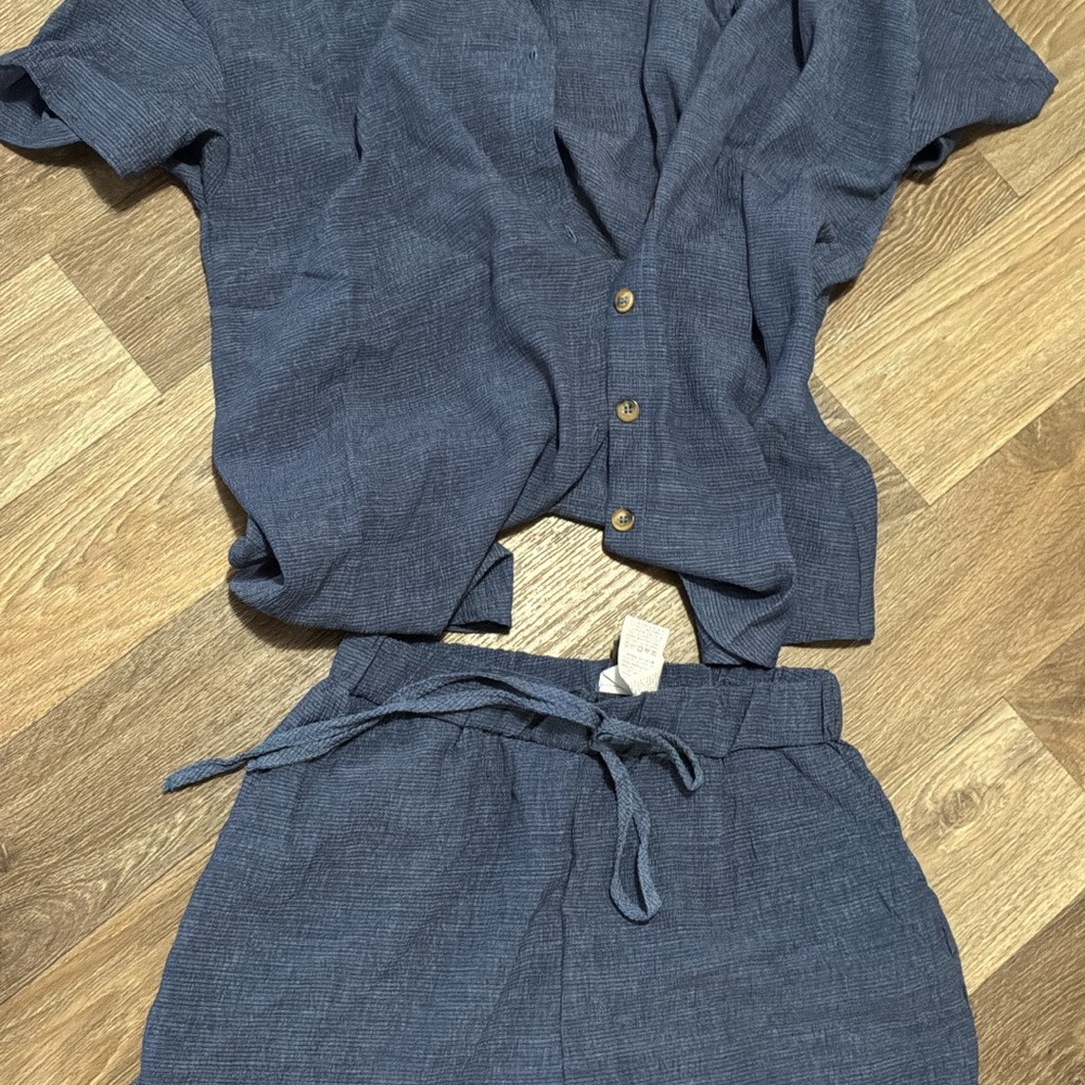 Two-Piece Textured Button Front Set in Slate Blue